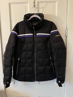 Karbon women's ski snowboard jacket down insulated size 12 K6643 black striped